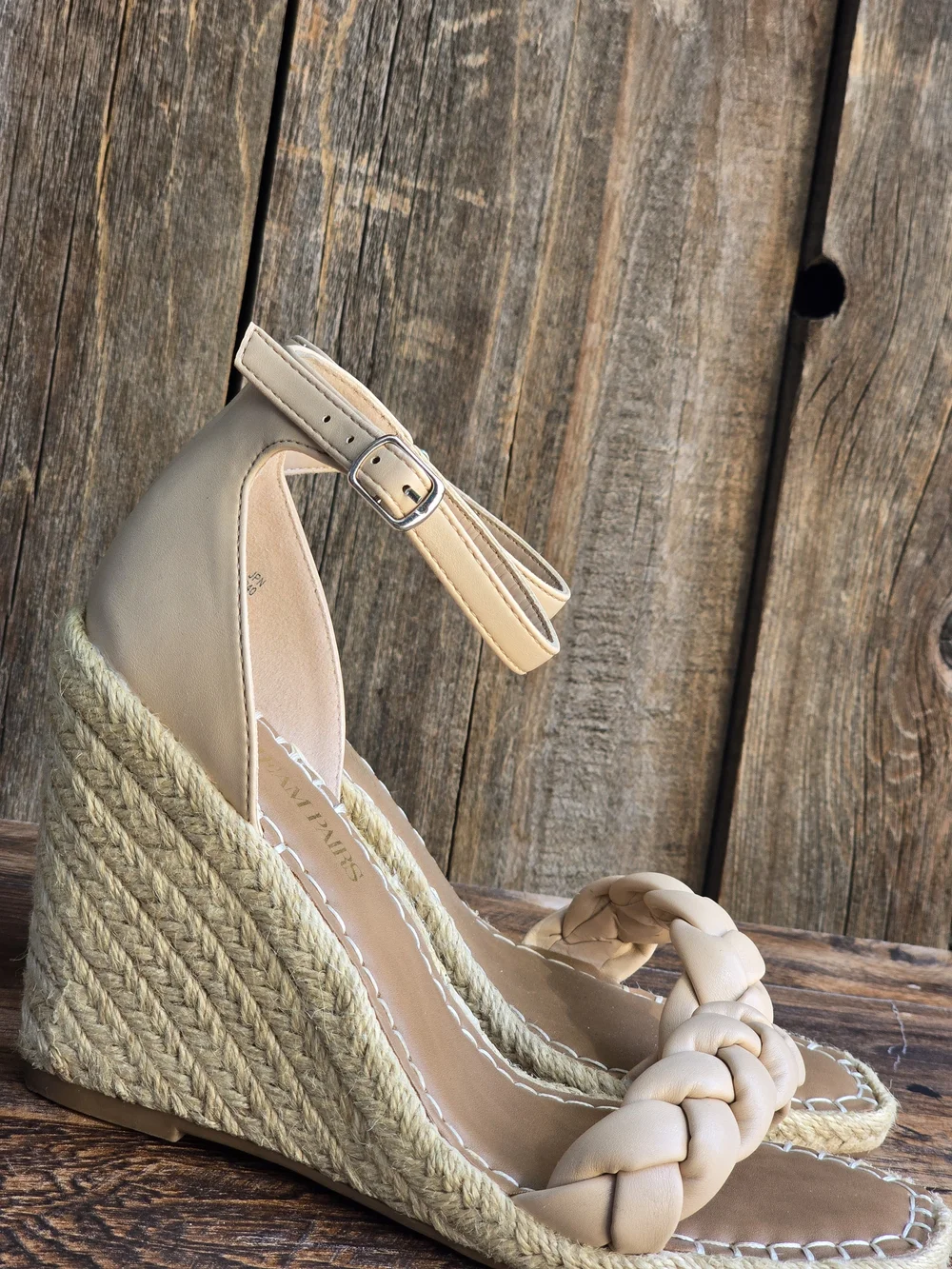 Dream Paris Braided Ankle Strap Wedge Sandals in Beige Size 7